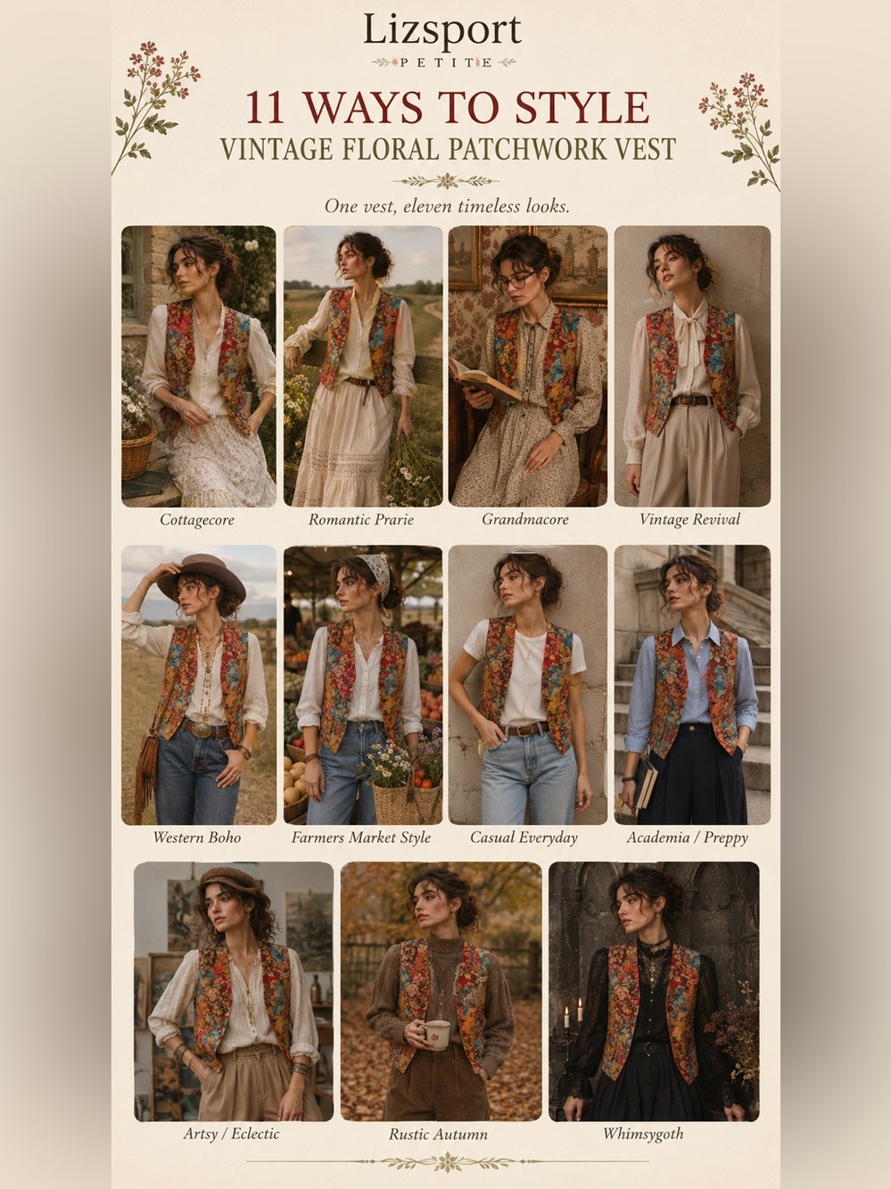 LIZ SPORT Vtg 90s Floral Patchwork Vest Sz S Petite Gramdmacore Boho Cottagecore - Picture 7 of 16